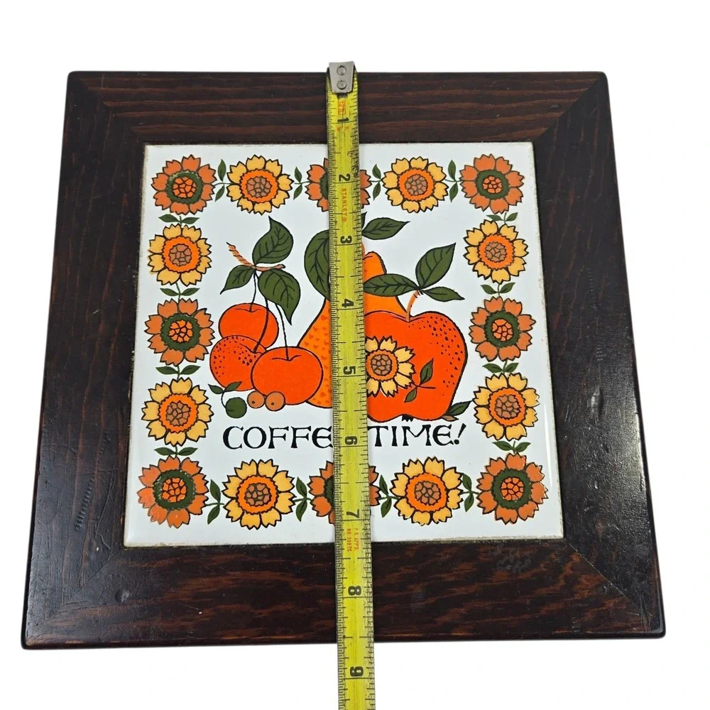Vtg 60s Fujimiyaki Ceramic Tile Trivet in Footed Wood Frame 